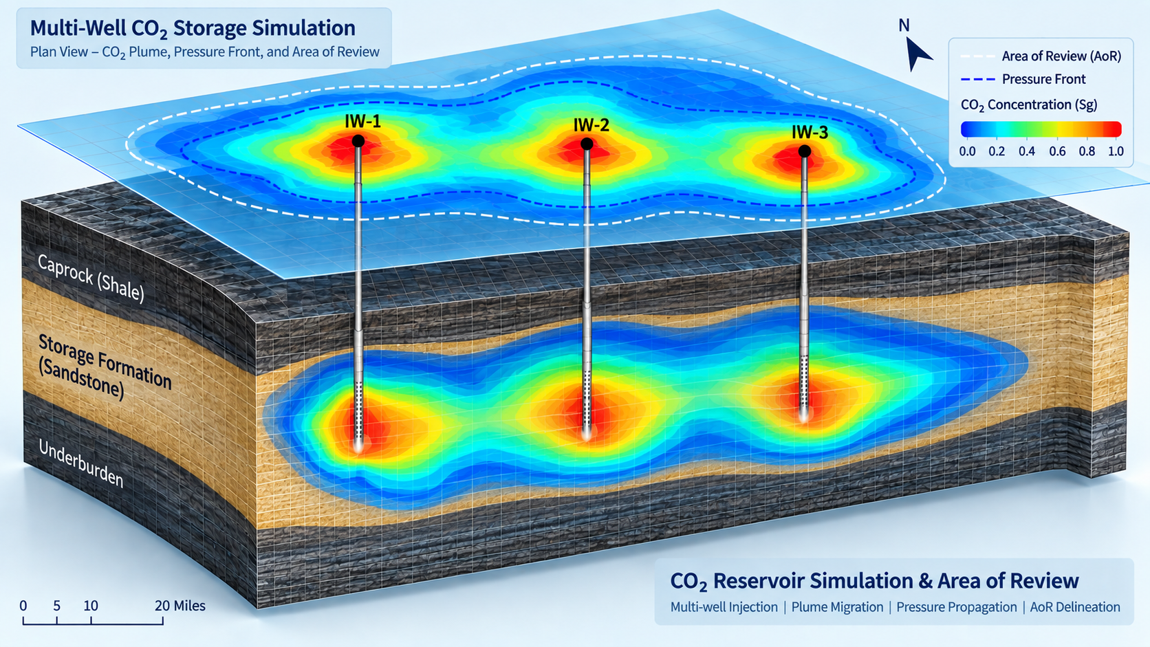 CO2 reservoir simulation showing multi-well plume migration, pressure propagation, and Area of Review