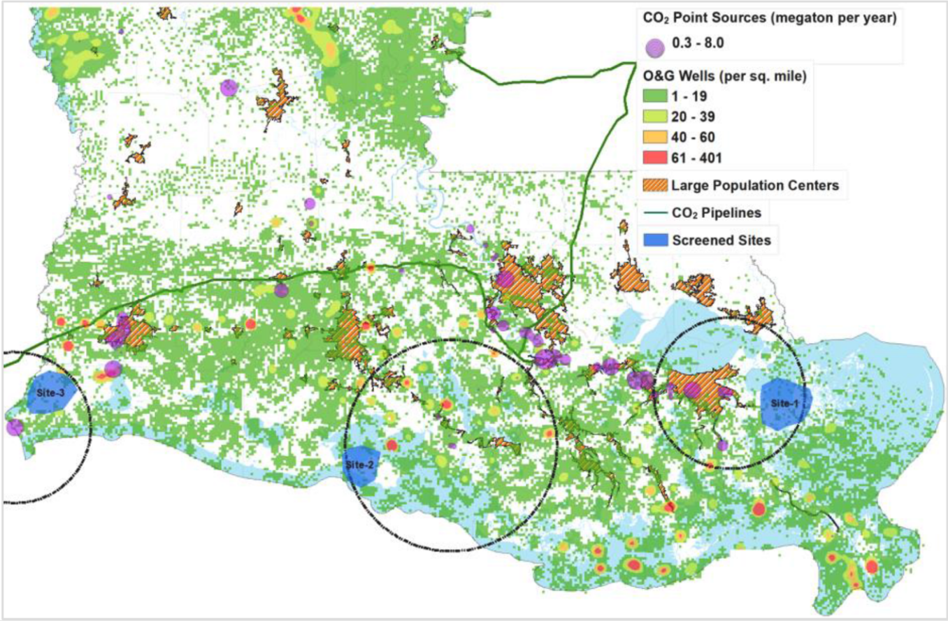 South Louisiana CO2 geological storage site screening showing CO2 sources, well density, pipelines, population centers, and screened sites
